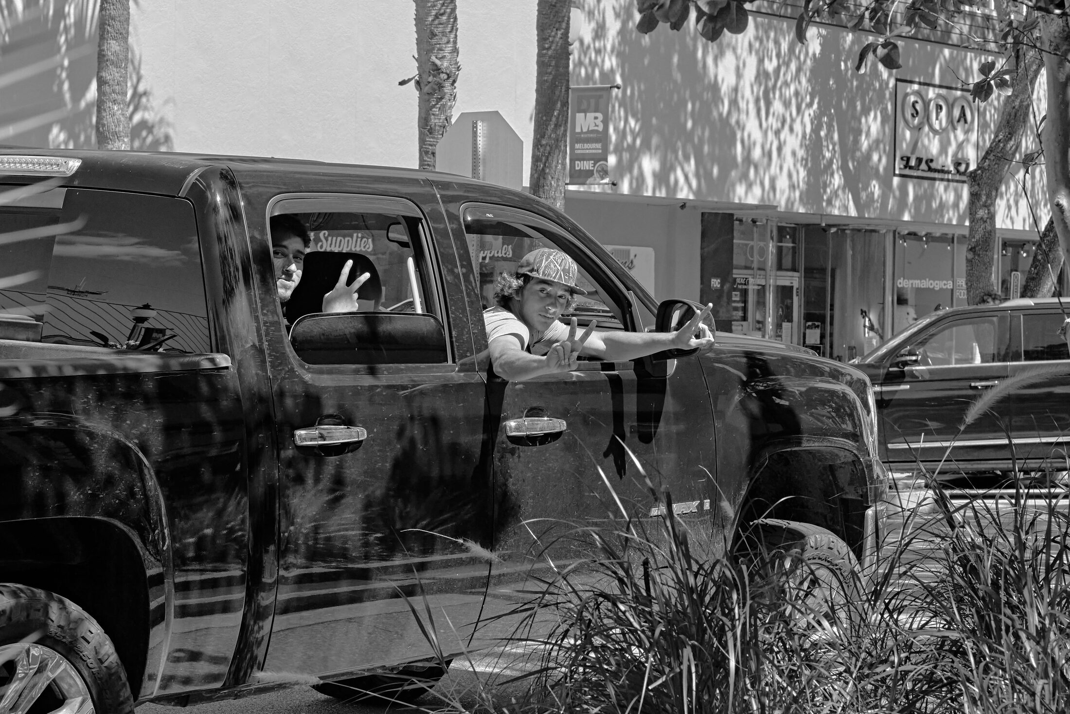 An old truck sits behind bare branches beside a weathered building.