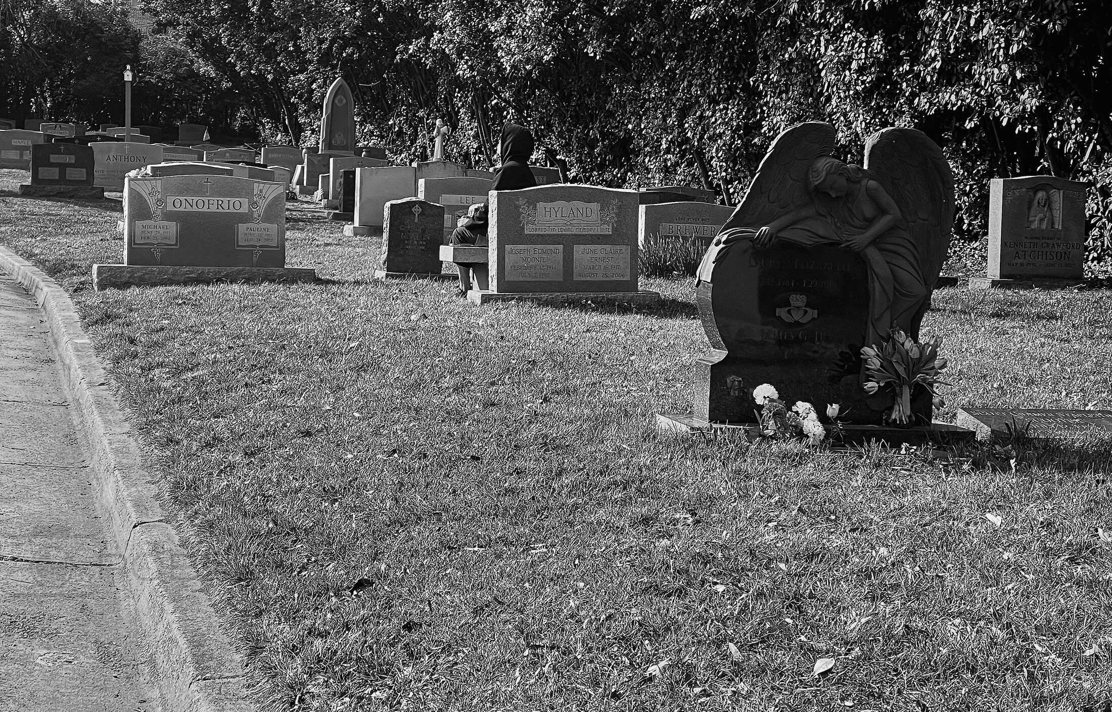 A person kneels beside a grave in a sunlit cemetery.