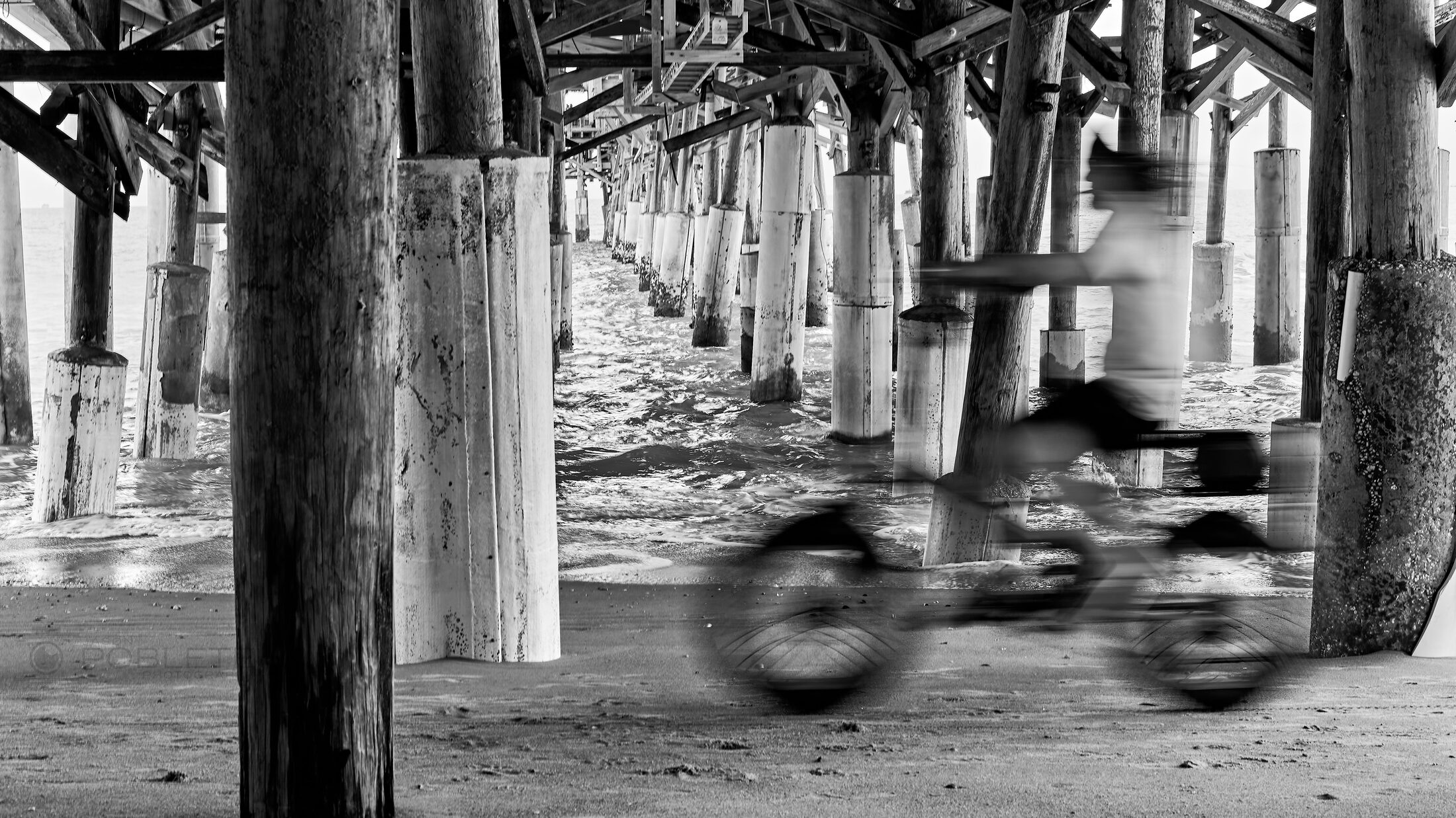 A blurred cyclist passes beneath the wooden supports of a pier.